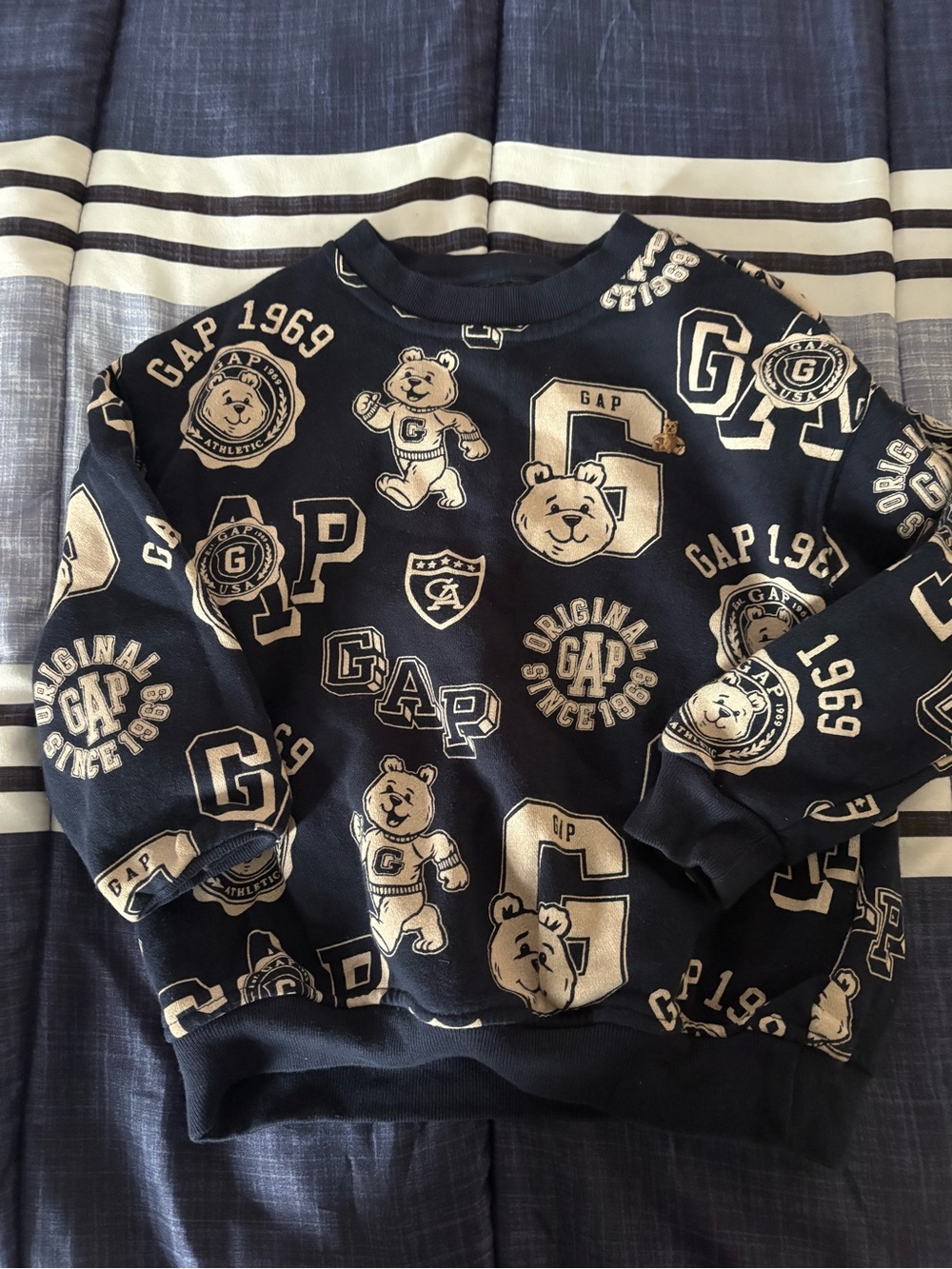 GAP Navy Crewneck Sweater with Beige Teddy & Logo Print